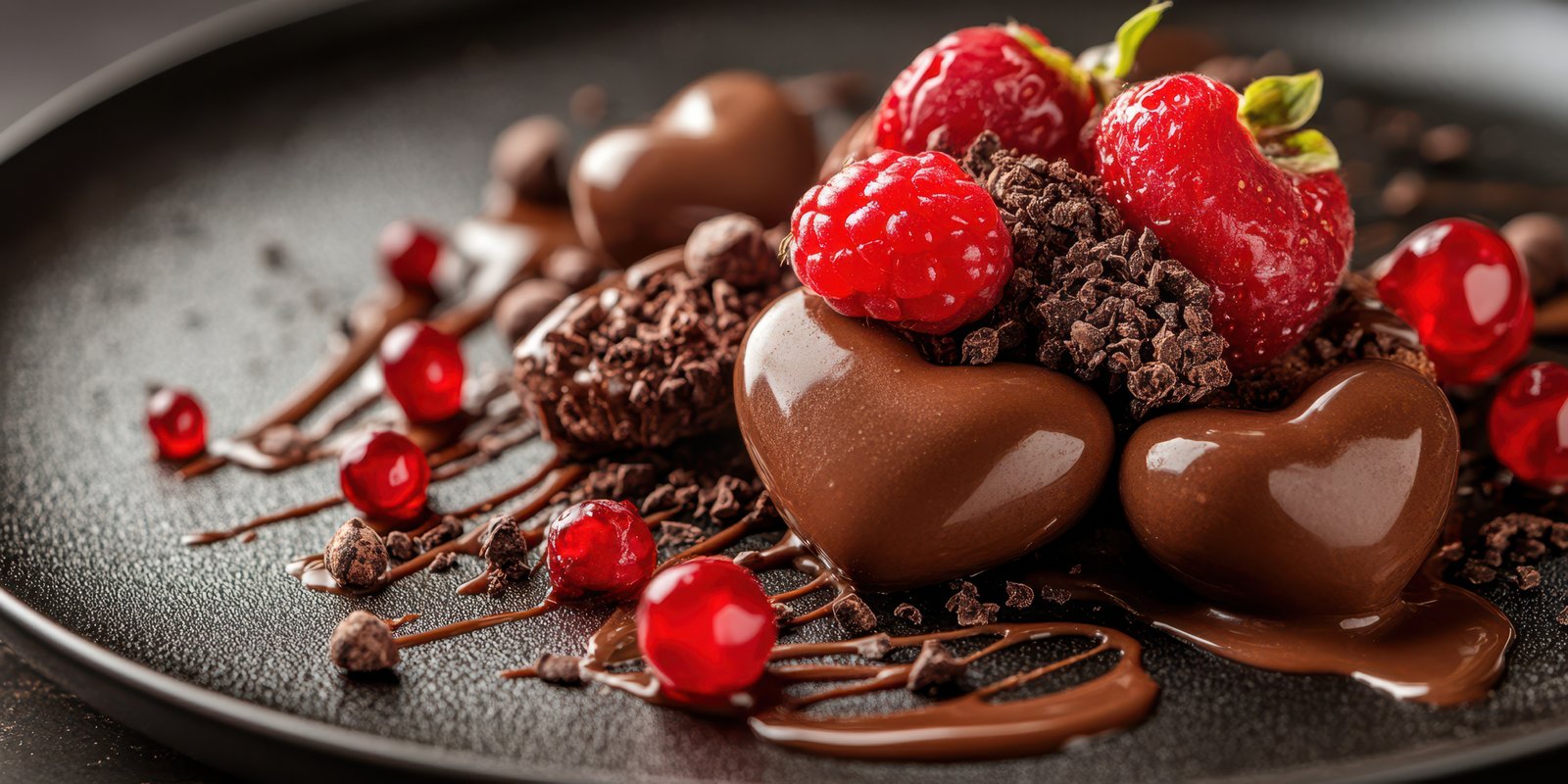 Decadent chocolate hearts adorned with fresh berries on a stylish plate